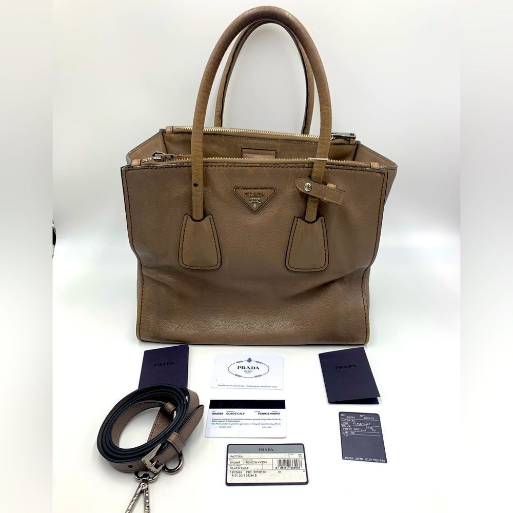 Auth PRADA Glacé Calf Pomice Twin Pocket Tote Bag Good Preloved Satchel